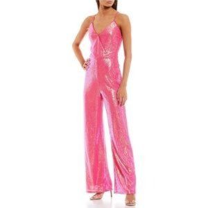 GB Sleeveless V-Neck Lace-Up-Back Pink Sequin-Embellished Mesh Jumpsuit